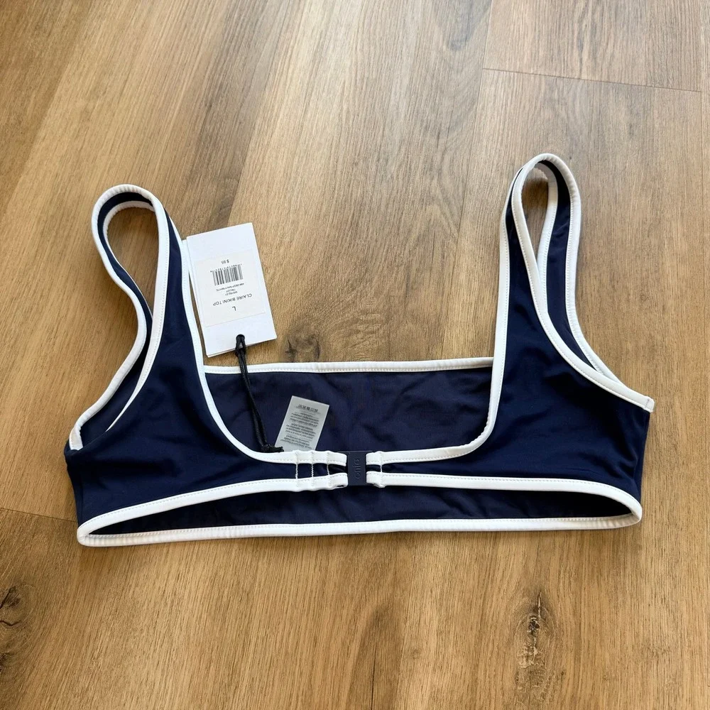 NWT Onia Claire Bikini Top Deep Navy White‎ Contrast Trim Womens Large